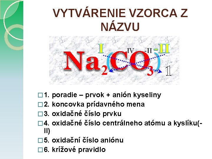 VYTVÁRENIE VZORCA Z NÁZVU � 1. poradie – prvok + anión kyseliny � 2.