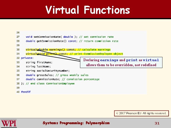 Virtual Functions Declaring earnings and print as virtual allows them to be overridden, not