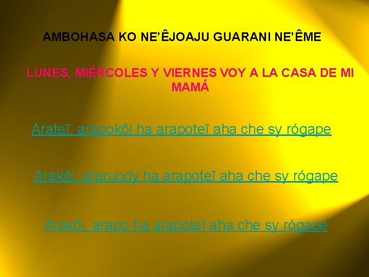 AMBOHASA KO NE’ÊJOAJU GUARANI NE’ÊME LUNES, MIÉRCOLES Y VIERNES VOY A LA CASA DE