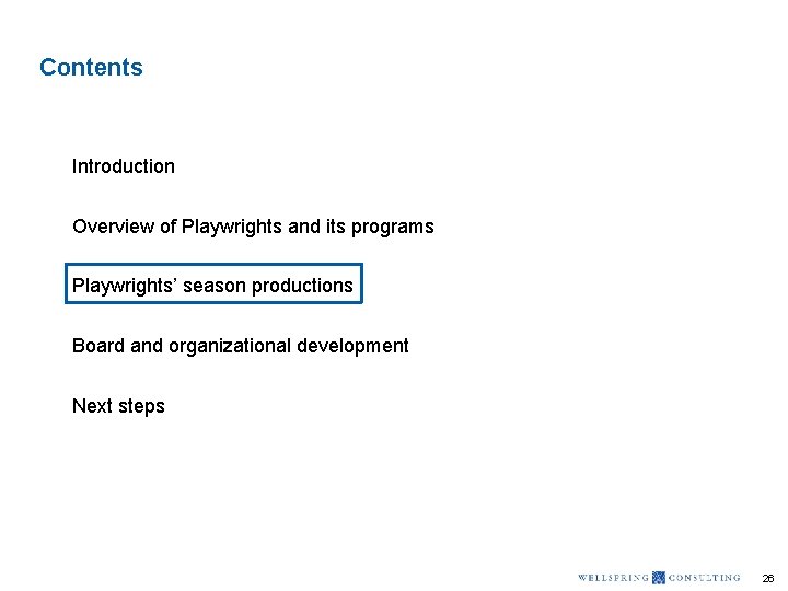 Contents Introduction Overview of Playwrights and its programs Playwrights’ season productions Board and organizational
