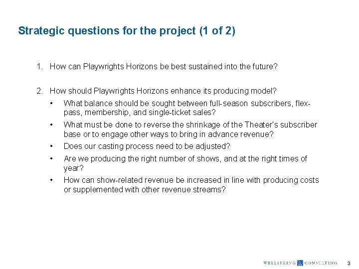 Strategic questions for the project (1 of 2) 1. How can Playwrights Horizons be
