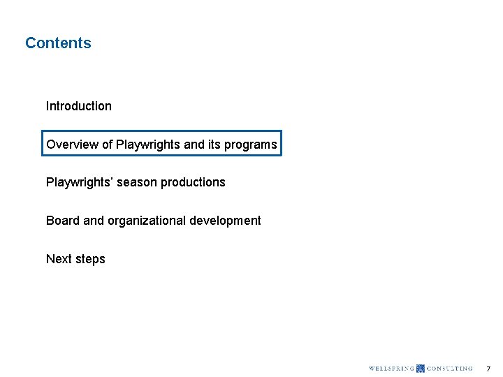 Contents Introduction Overview of Playwrights and its programs Playwrights’ season productions Board and organizational