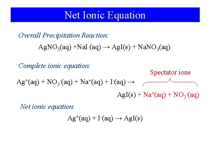 Net Ionic Equation Overall Precipitation Reaction: Ag. NO 3(aq) +Na. I (aq) → Ag.