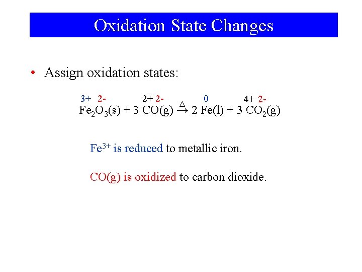 Oxidation State Changes • Assign oxidation states: 3+ 2 - 2+ 2 - D