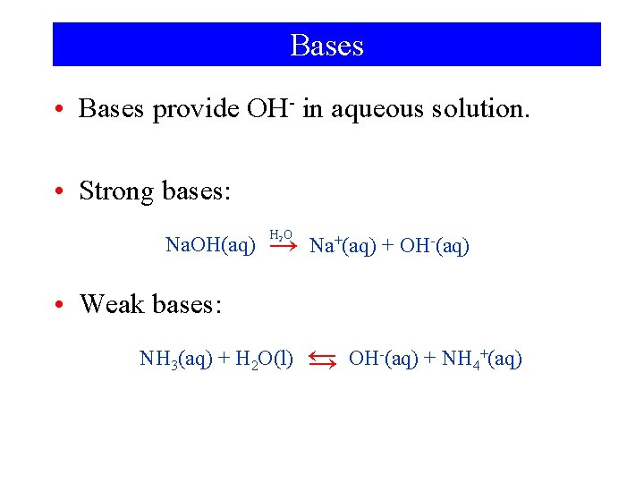 Bases • Bases provide OH- in aqueous solution. • Strong bases: Na. OH(aq) H