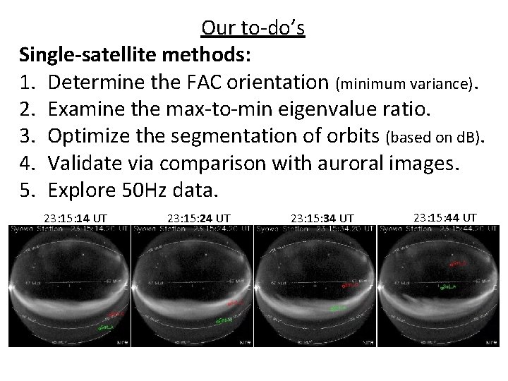 Our to-do’s Single-satellite methods: 1. Determine the FAC orientation (minimum variance). 2. Examine the