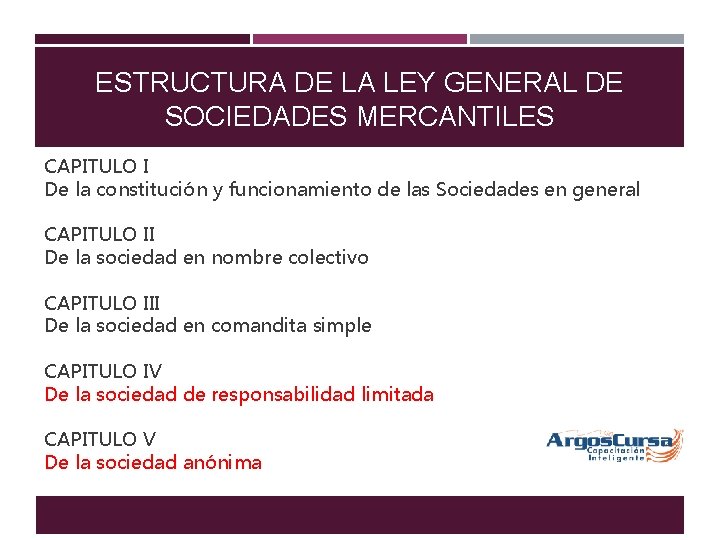 ESTRUCTURA DE LA LEY GENERAL DE SOCIEDADES MERCANTILES CAPITULO I De la constitución y