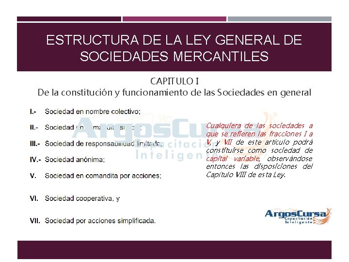 ESTRUCTURA DE LA LEY GENERAL DE SOCIEDADES MERCANTILES CAPITULO I De la constitución y