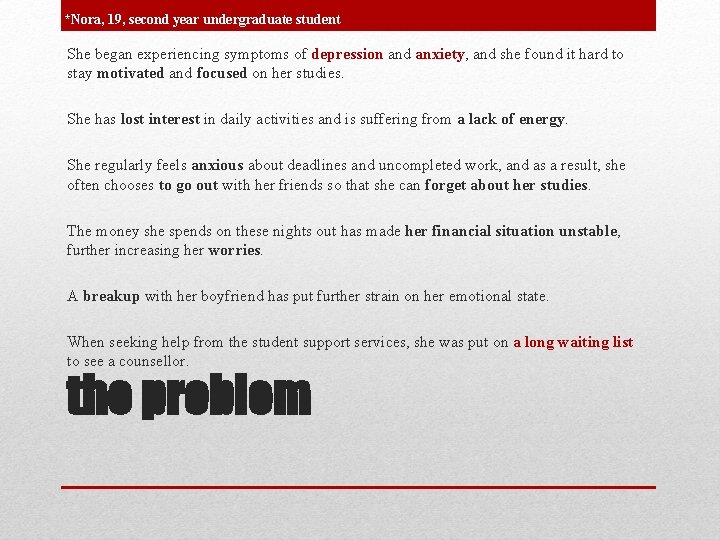 *Nora, 19, second year undergraduate student She began experiencing symptoms of depression and anxiety,