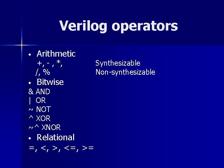 Verilog operators • Arithmetic +, - , *, /, % • Bitwise & AND