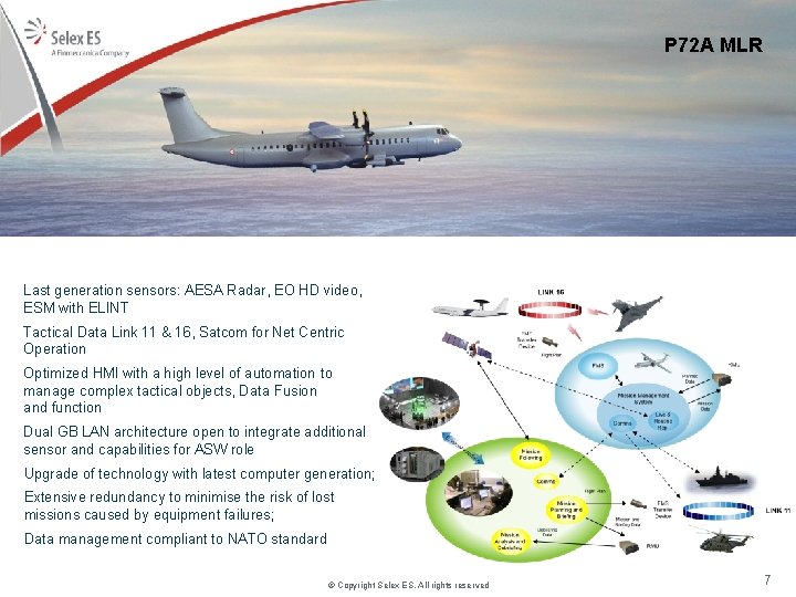 P 72 A MLR Last generation sensors: AESA Radar, EO HD video, ESM with