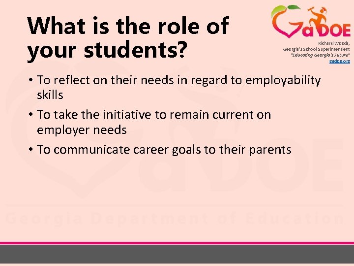 What is the role of your students? Richard Woods, Georgia’s School Superintendent “Educating Georgia’s