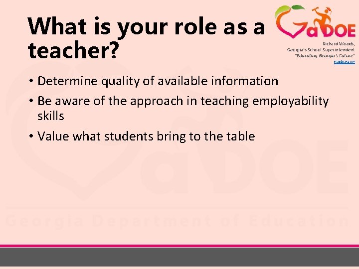 What is your role as a teacher? Richard Woods, Georgia’s School Superintendent “Educating Georgia’s