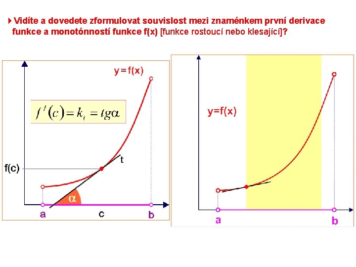 4 Vidíte a dovedete zformulovat souvislost mezi znaménkem první derivace funkce a monotónností funkce