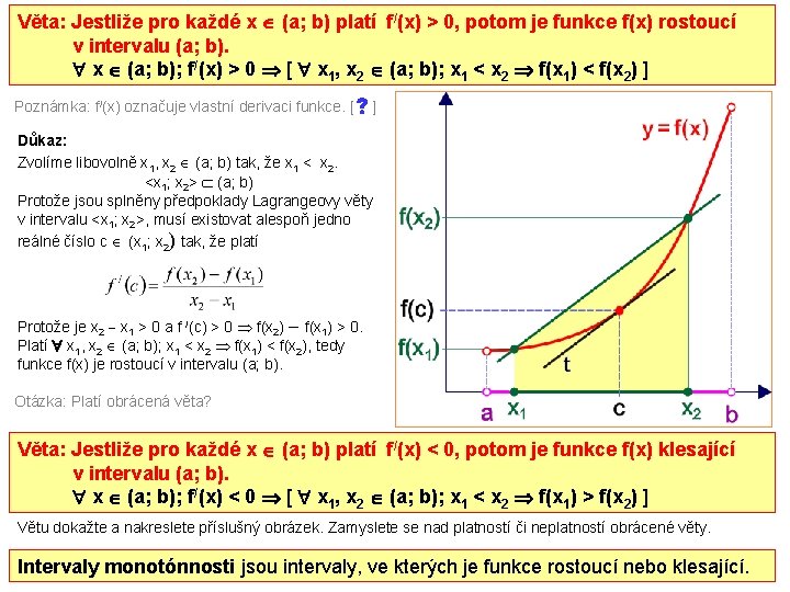 Věta: Jestliže pro každé x (a; b) platí f/(x) > 0, potom je funkce