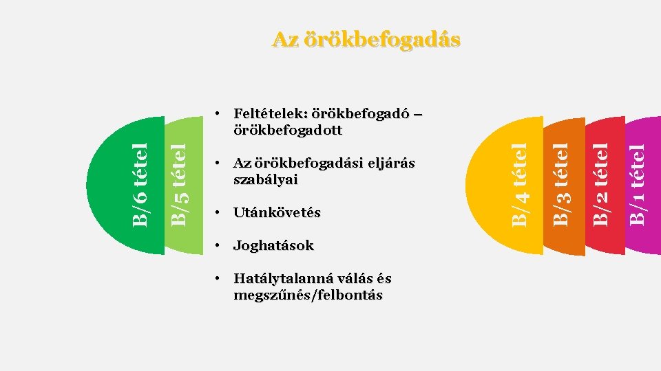 Az örökbefogadás • Joghatások • Hatálytalanná válás és megszűnés/felbontás B/1 tétel B/2 tétel •