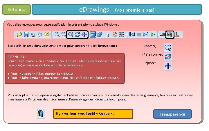 Retour… e. Drawings (Vos premiers pas) Vous allez retrouvez pour cette application la présentation