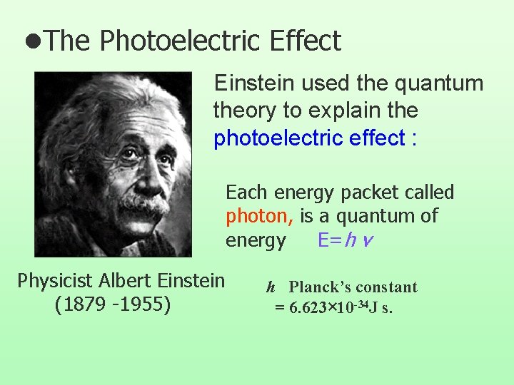 l. The Photoelectric Effect Einstein used the quantum theory to explain the photoelectric effect