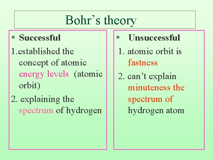Bohr’s theory § Successful 1. established the concept of atomic energy levels (atomic orbit)