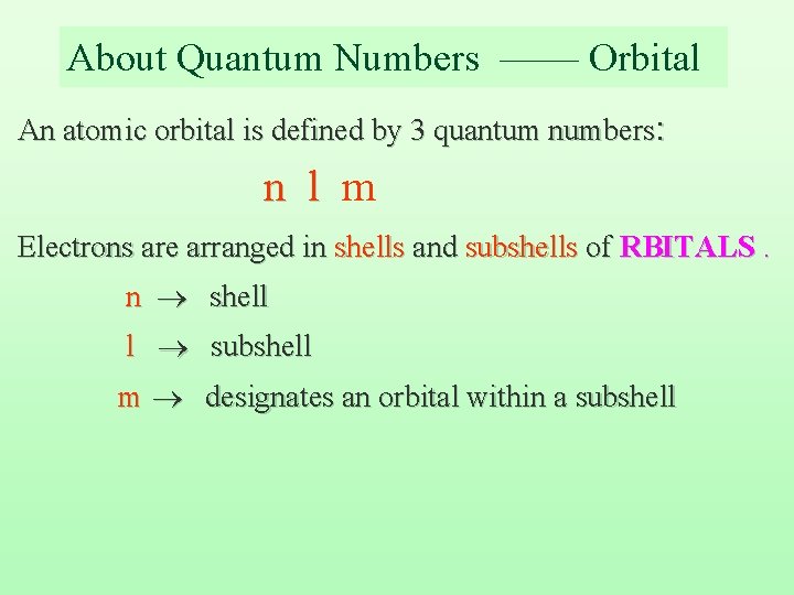About Quantum Numbers —— Orbital An atomic orbital is defined by 3 quantum numbers: