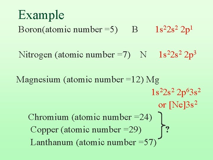 Example Boron(atomic number =5) Nitrogen (atomic number =7) B 1 s 22 s 2