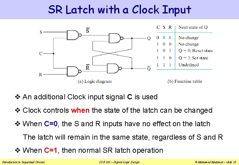 SR Latch with a Clock Input S R v An additional Clock input signal