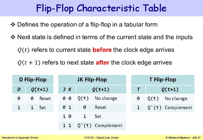 Flip-Flop Characteristic Table v JK Flip-Flop D Flip-Flop J K Q(t+1) D Q(t+1) 0