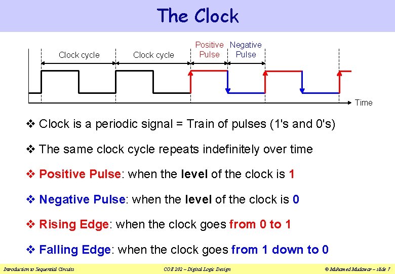 The Clock cycle Positive Negative Pulse Time v Clock is a periodic signal =