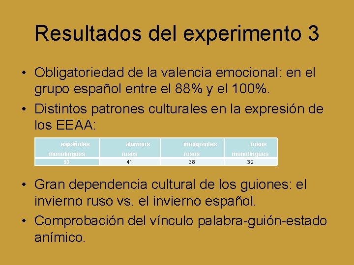 Resultados del experimento 3 • Obligatoriedad de la valencia emocional: en el grupo español