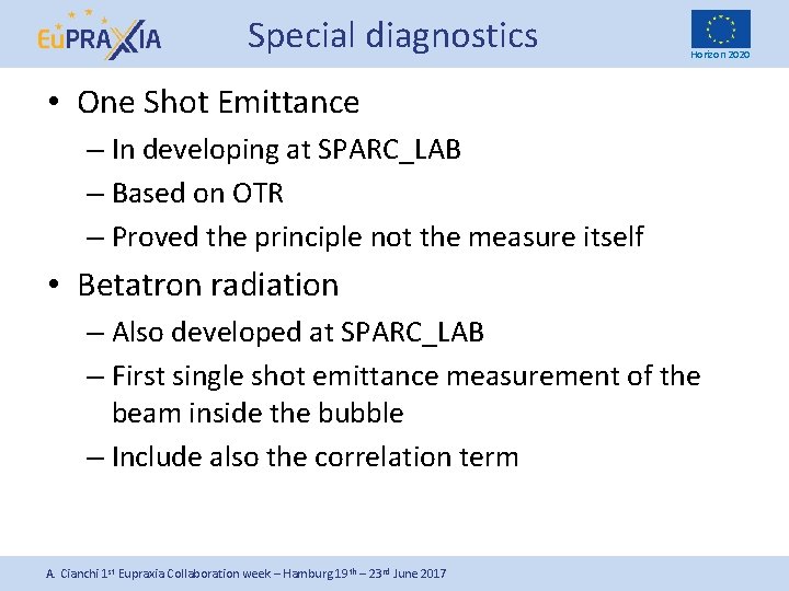 Special diagnostics Horizon 2020 • One Shot Emittance – In developing at SPARC_LAB –