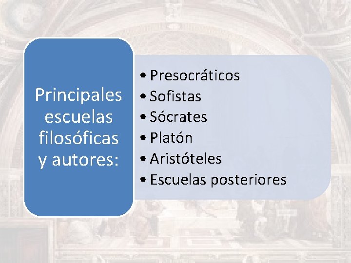  • Presocráticos Principales • Sofistas escuelas • Sócrates filosóficas • Platón y autores: