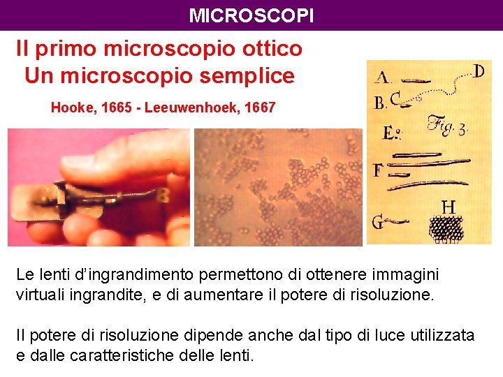 MICROSCOPI Il primo microscopio ottico Un microscopio semplice Hooke, 1665 - Leeuwenhoek, 1667 Le