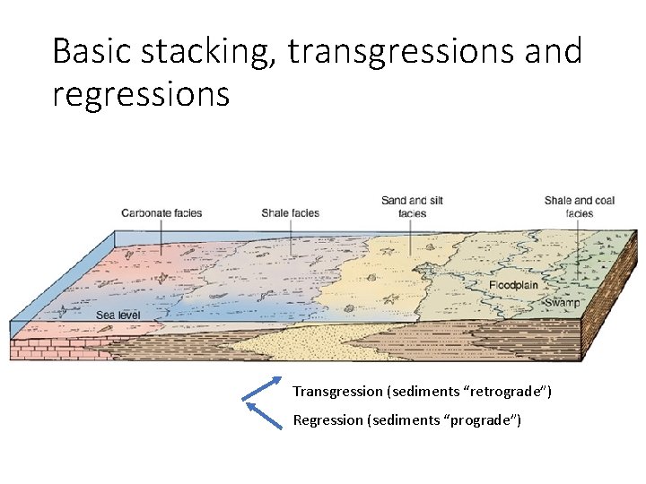 Basic stacking, transgressions and regressions Transgression (sediments “retrograde”) Regression (sediments “prograde”) 
