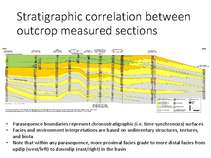 Stratigraphic correlation between outcrop measured sections • Parasequence boundaries represent chronostratigraphic (i. e. time-synchronous)