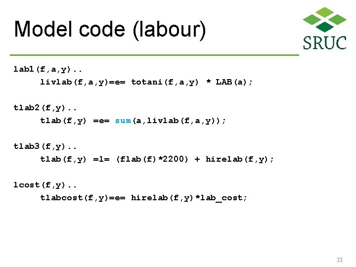 Model code (labour) lab 1(f, a, y). . livlab(f, a, y)=e= totani(f, a, y)