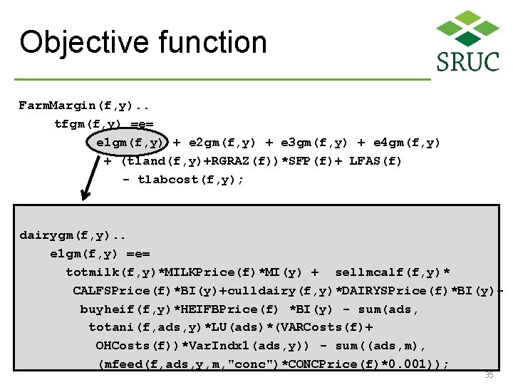 Objective function Farm. Margin(f, y). . tfgm(f, y) =e= e 1 gm(f, y) +