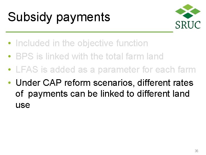 Subsidy payments • • Included in the objective function BPS is linked with the