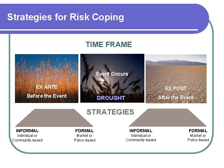 Strategies for Risk Coping TIME FRAME Event Occurs EX ANTE EX POST Before the