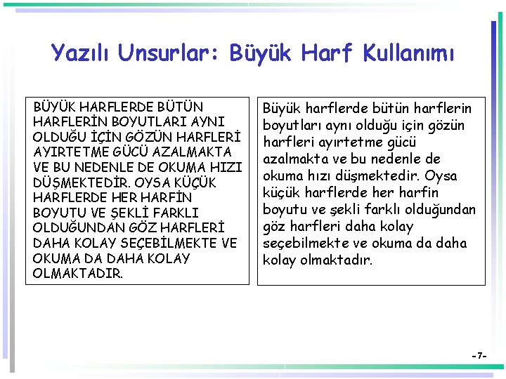 Yazılı Unsurlar: Büyük Harf Kullanımı BÜYÜK HARFLERDE BÜTÜN HARFLERİN BOYUTLARI AYNI OLDUĞU İÇİN GÖZÜN