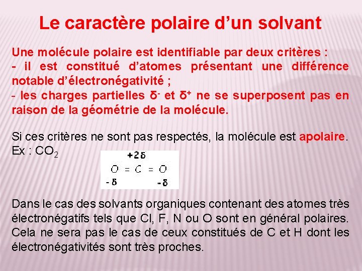 Le caractère polaire d’un solvant Une molécule polaire est identifiable par deux critères :