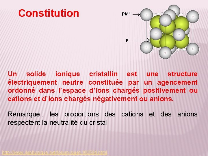 Constitution Un solide ionique cristallin est une structure électriquement neutre constituée par un agencement