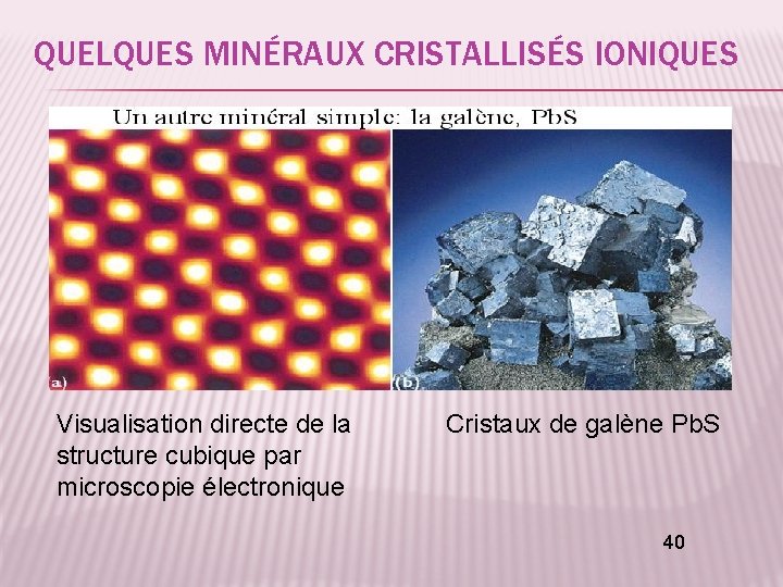 QUELQUES MINÉRAUX CRISTALLISÉS IONIQUES Visualisation directe de la Cristaux de galène Pb. S structure