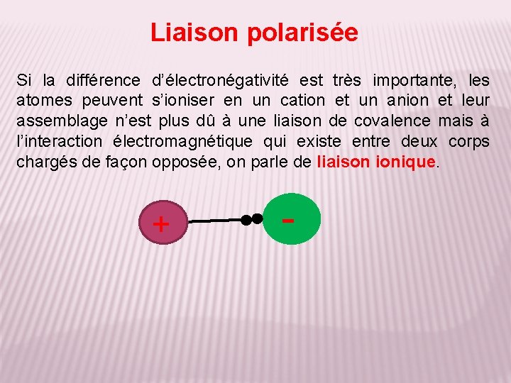 Liaison polarisée Si la différence d’électronégativité est très importante, les atomes peuvent s’ioniser en