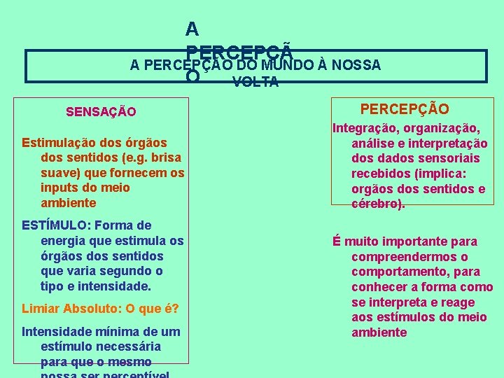 A PERCEPÇÃO DO MUNDO À NOSSA O VOLTA SENSAÇÃO Estimulação dos órgãos dos sentidos