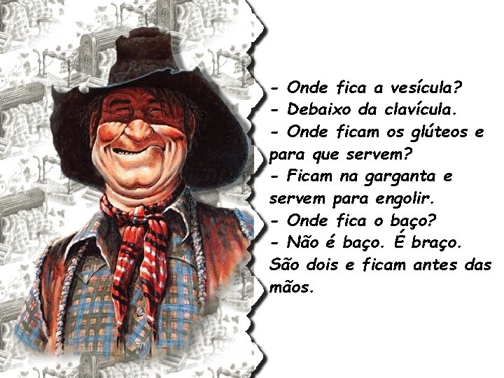 - Onde fica a vesícula? - Debaixo da clavícula. - Onde ficam os glúteos