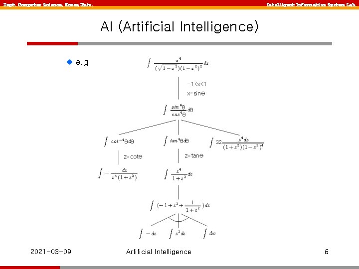 Dept. Computer Science, Korea Univ. Intelligent Information System Lab. AI (Artificial Intelligence) e. g Dept. Computer Science, Korea Univ. Intelligent Information System Lab. AI (Artificial Intelligence) e. g