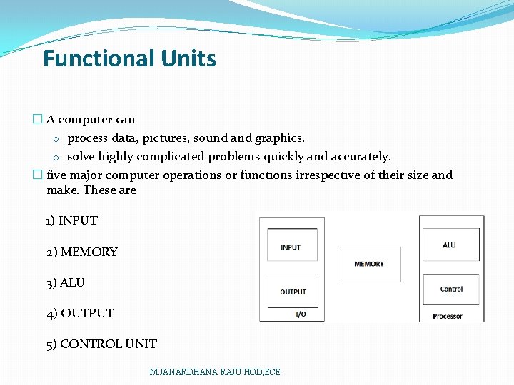 Functional Units � A computer can o process data, pictures, sound and graphics. o