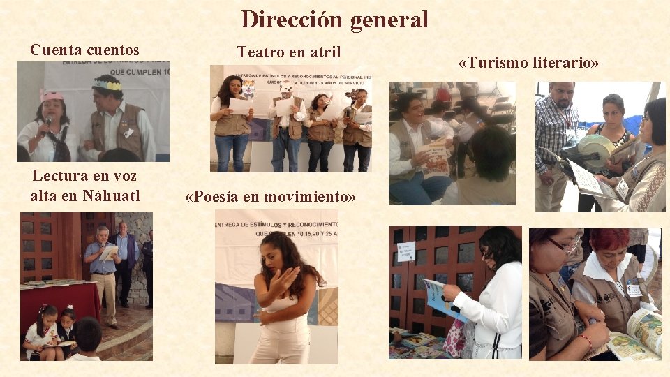 Dirección general Cuenta cuentos Lectura en voz alta en Náhuatl Teatro en atril «Poesía