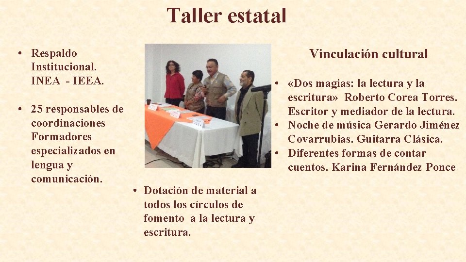 Taller estatal • Respaldo Institucional. INEA - IEEA. • 25 responsables de coordinaciones Formadores