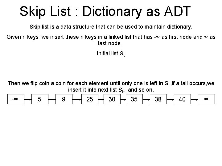 Skip List : Dictionary as ADT Skip list is a data structure that can